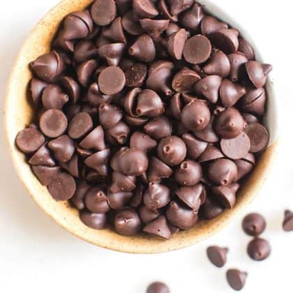 homemade chocolate chips in a ceramic bowl