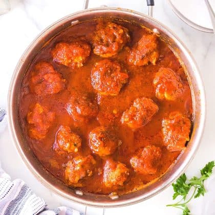 paleo turkey meatballs in pan with marinara