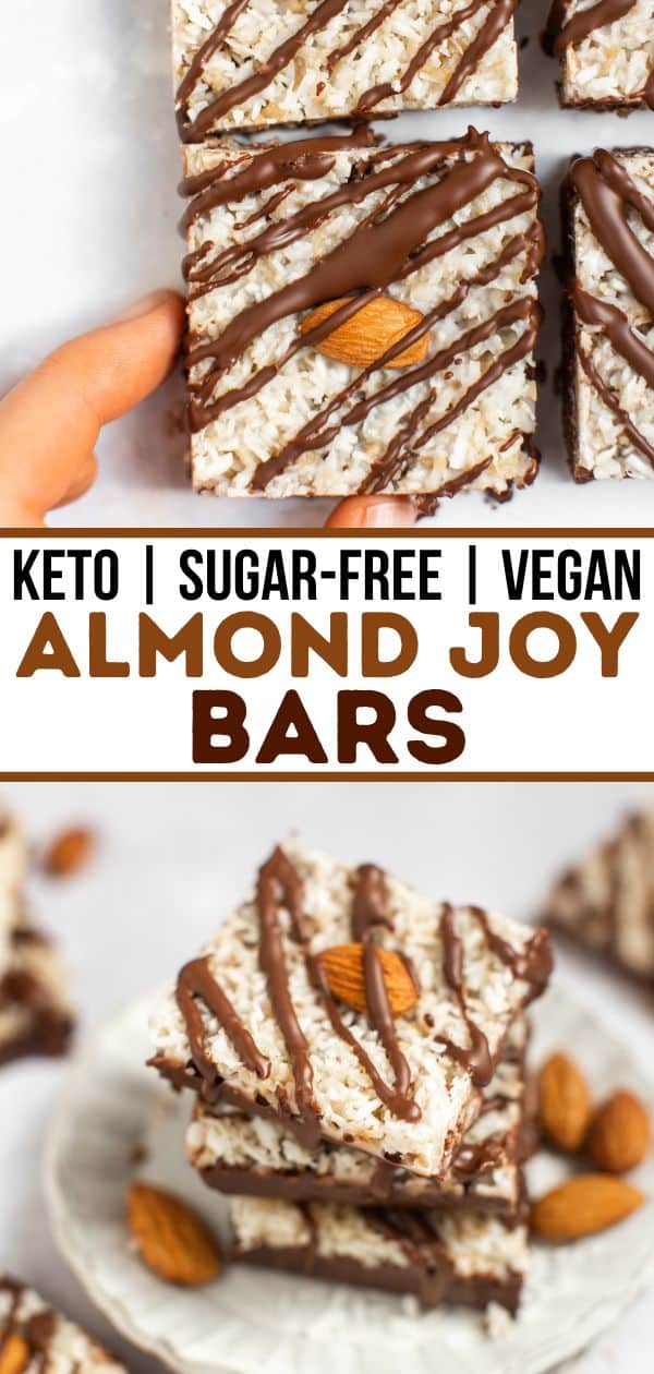 almond joy bars on plate and on table with Pinterest text overlay saying Keto Almond Joy Bars