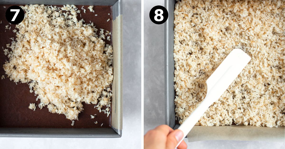 steps for making no bake almond joy bars including putting toasted coconut topping on top of chocolate layer and spreading out coconut topping.