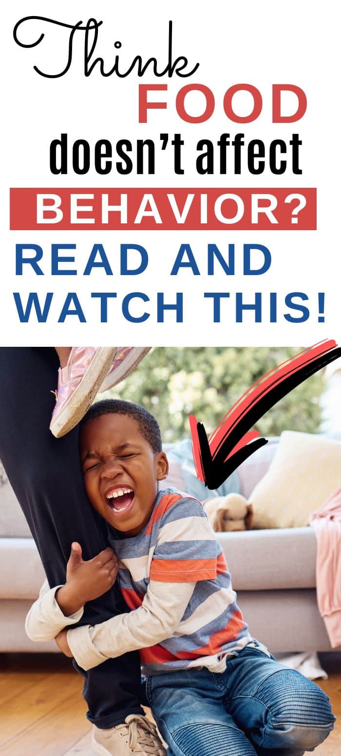 boy screaming while hanging on mom's leg with title saying think food doesn't affect behavior? read and watch this.