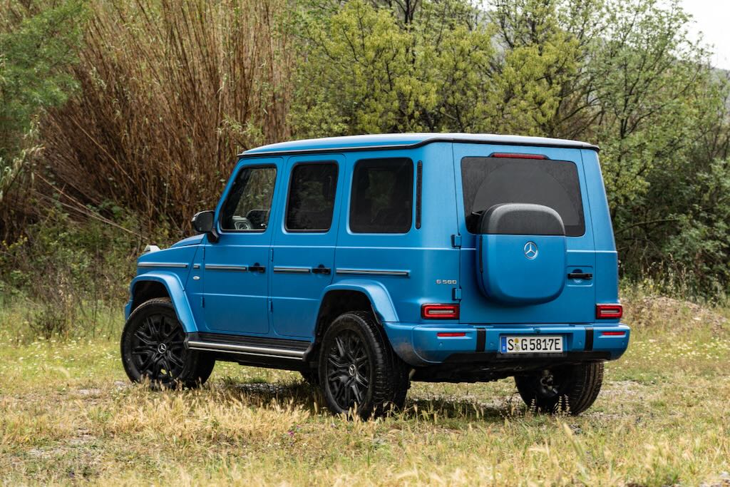 Rear view of Blue 2025 Mercedes Benz G 580 EQ electric SUV