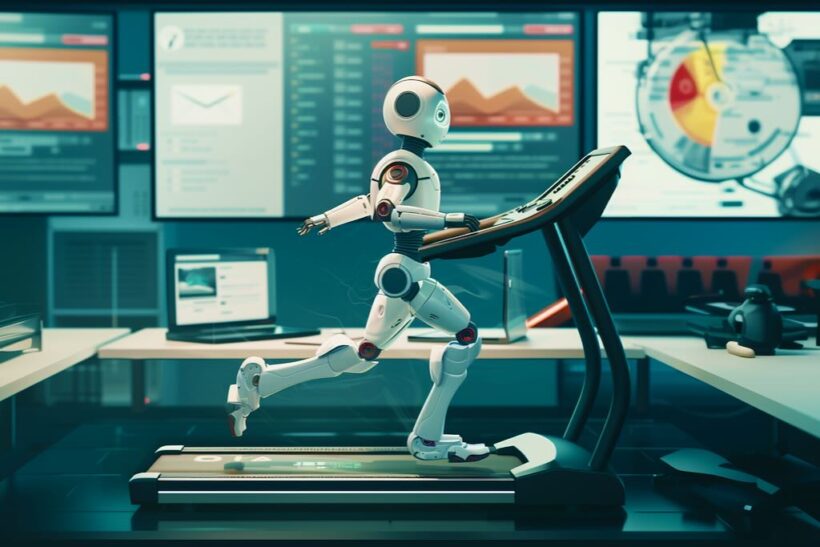 Robot worker running on treadmill