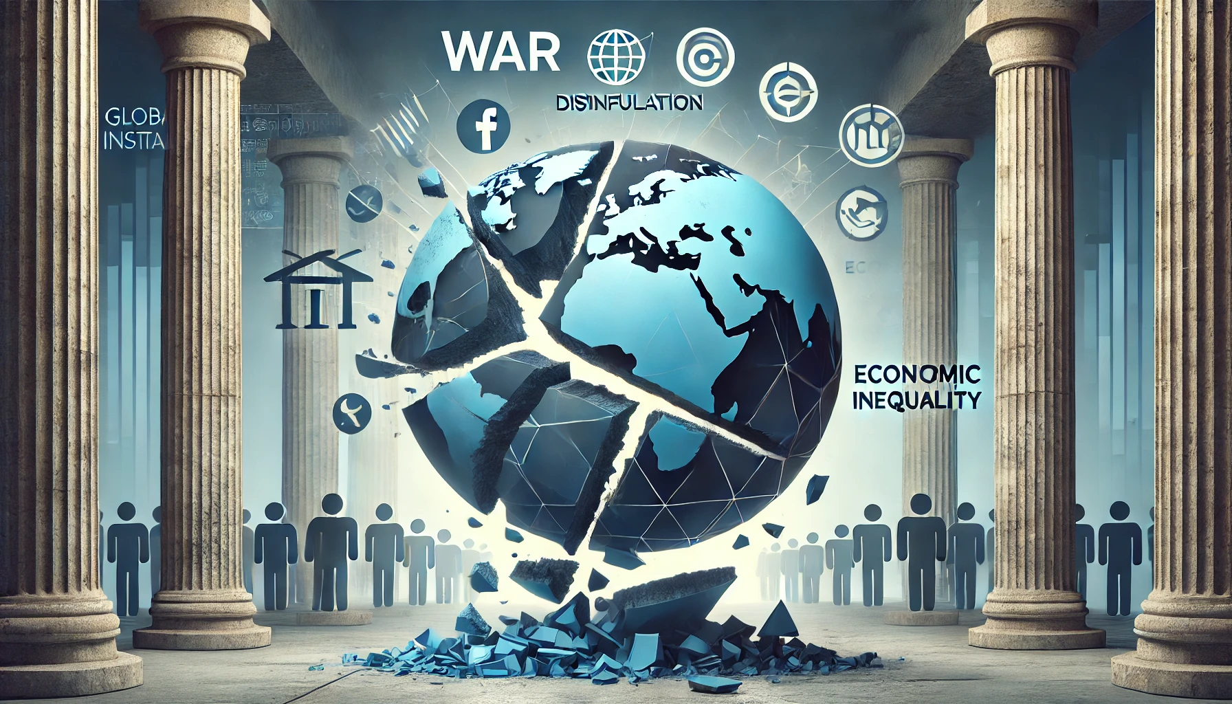 DALL·E A modern editorial style image representing global instability, featuring a fractured globe divided into sections representing war, disinformation (wi