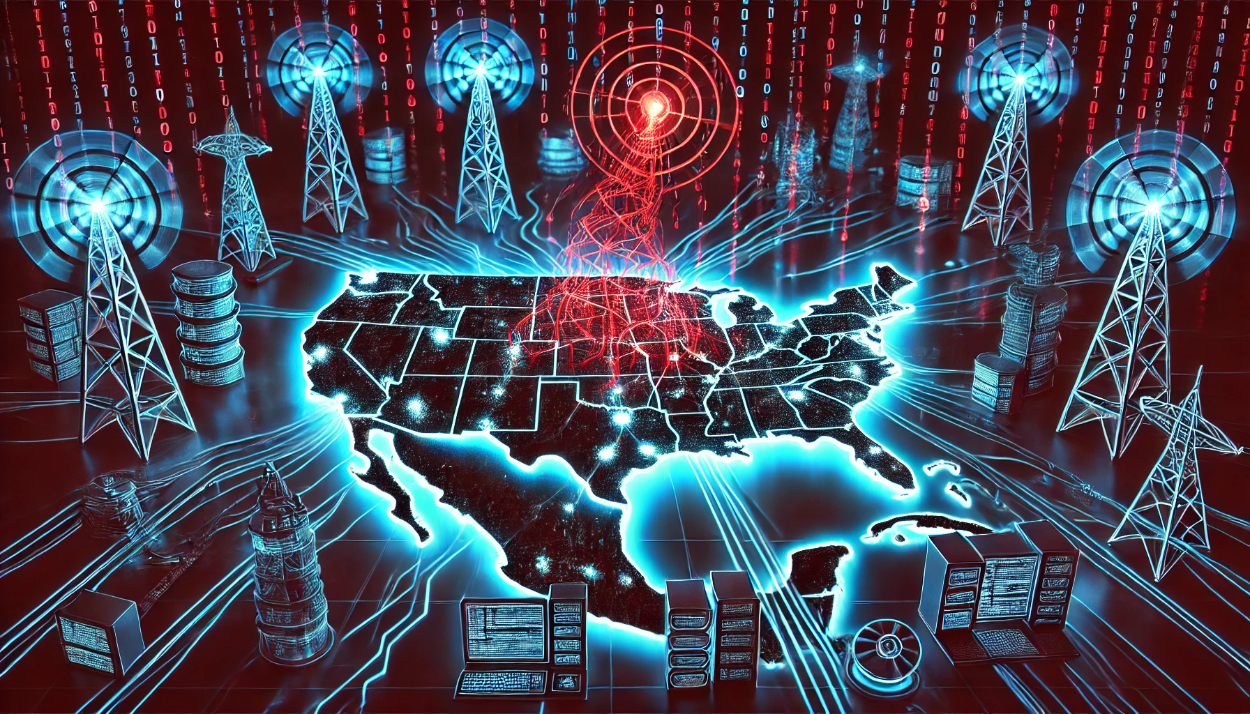 DALL·E A striking digital illustration of the Salt Typhoon cyberattack The image features a symbolic map of the United States glowing with interconnected bl