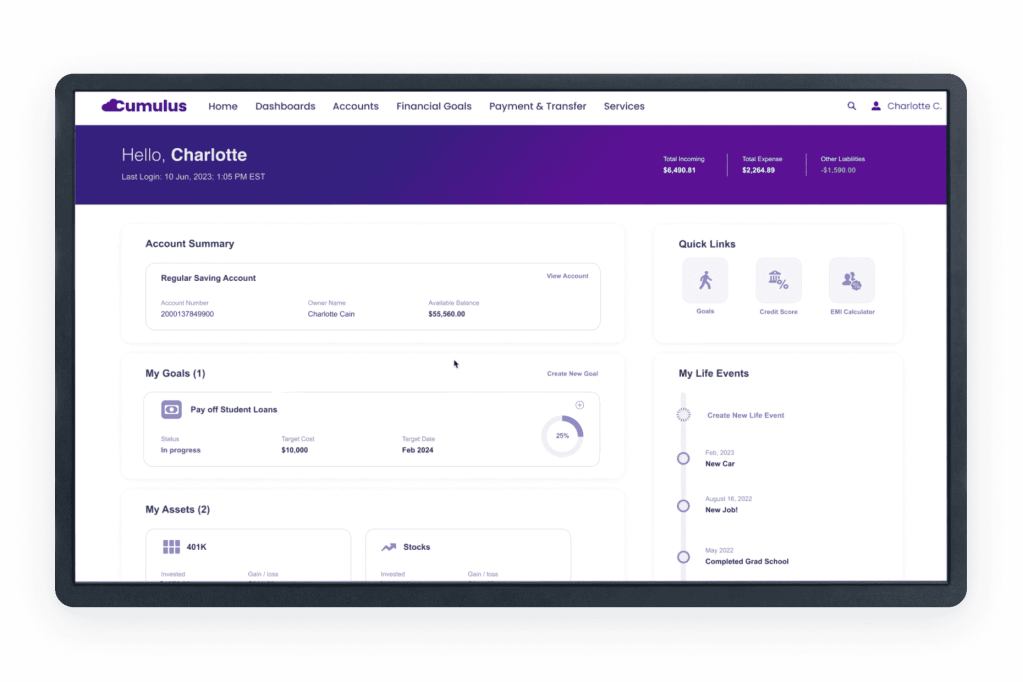 A personalized account dashboard with an account summary, goals, assets, and life events.