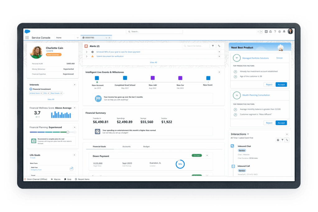 A financial services console showing a financial wellness score, life events and milestones, interactions and more.