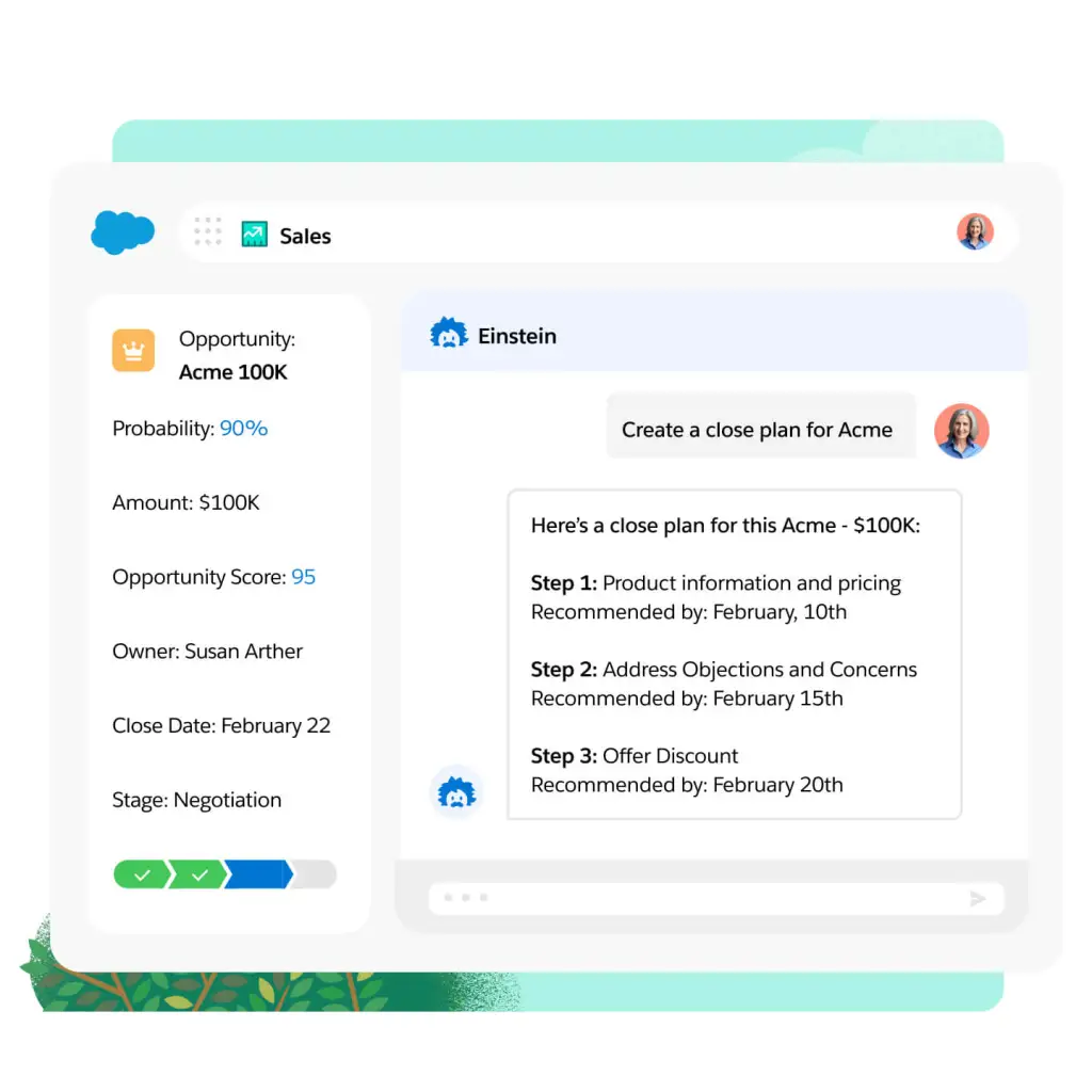 Einstein generates a customed close plan based on CRM data. 