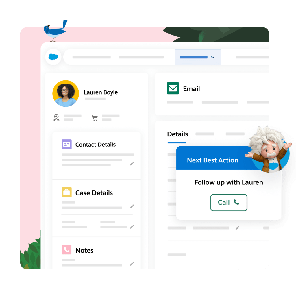 Lauren Boyle's customer profile with fields for her contact and case details. Einstein shows the user the next best action, which is "Follow up with Lauren."