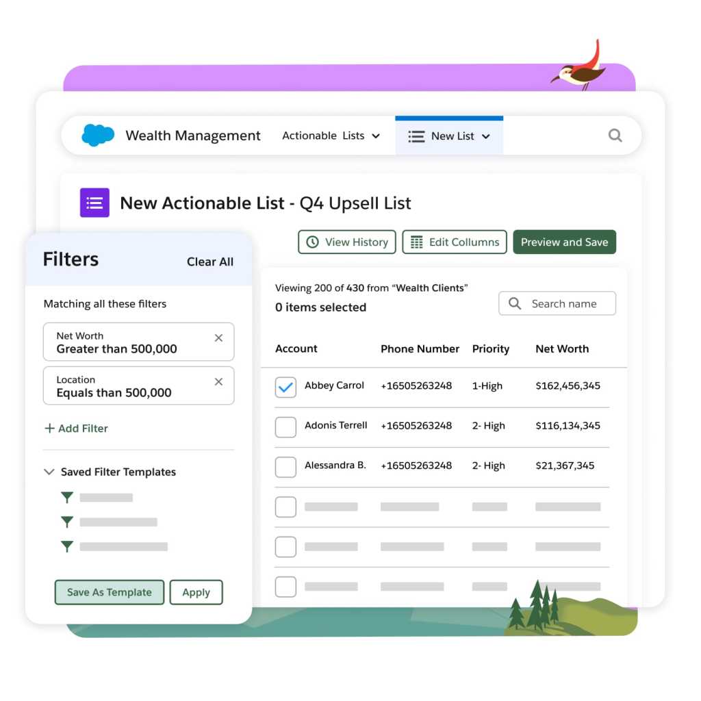 A wealth management portal shows a list of key target accounts and their priority status.