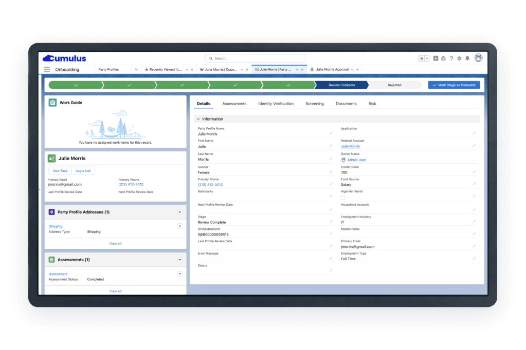 An onboarding dashboard with a timeline, assessments, and account details.