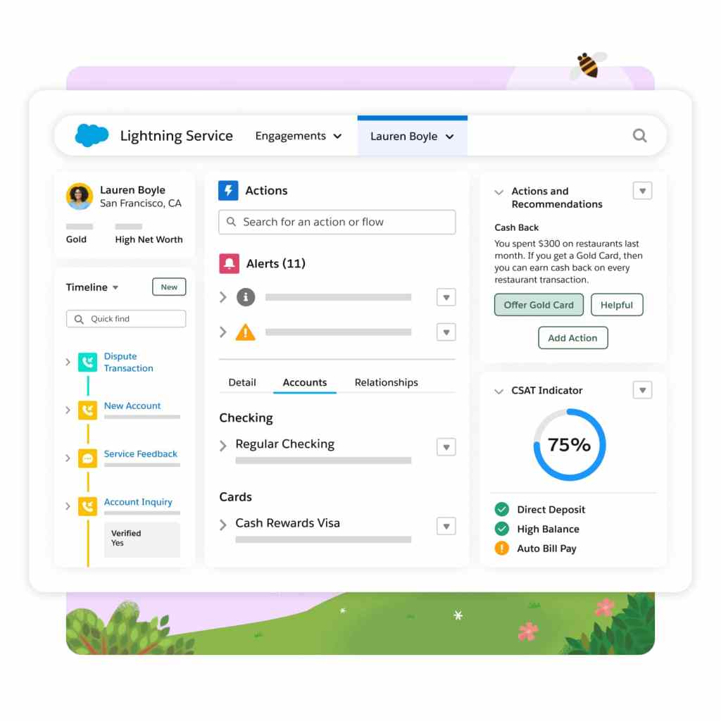 A service portal shows actions, recommendations, a timeline, and a CSAT Indicator.