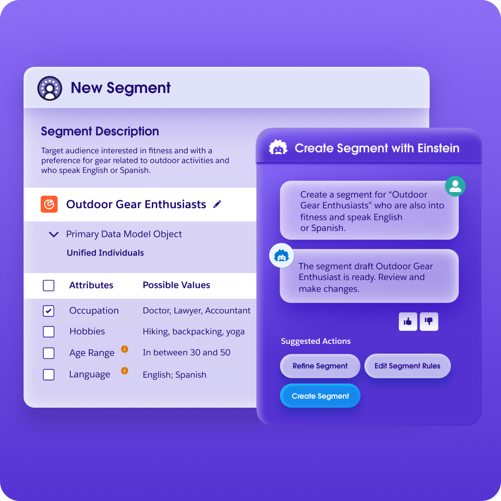 Light purple background showing the creation of a new Audience Segment with support from Einstein in a chat window.