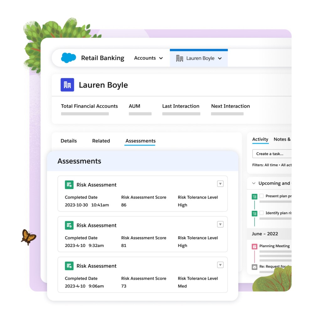 A discovery portal showing completed risk assessments and account activity.