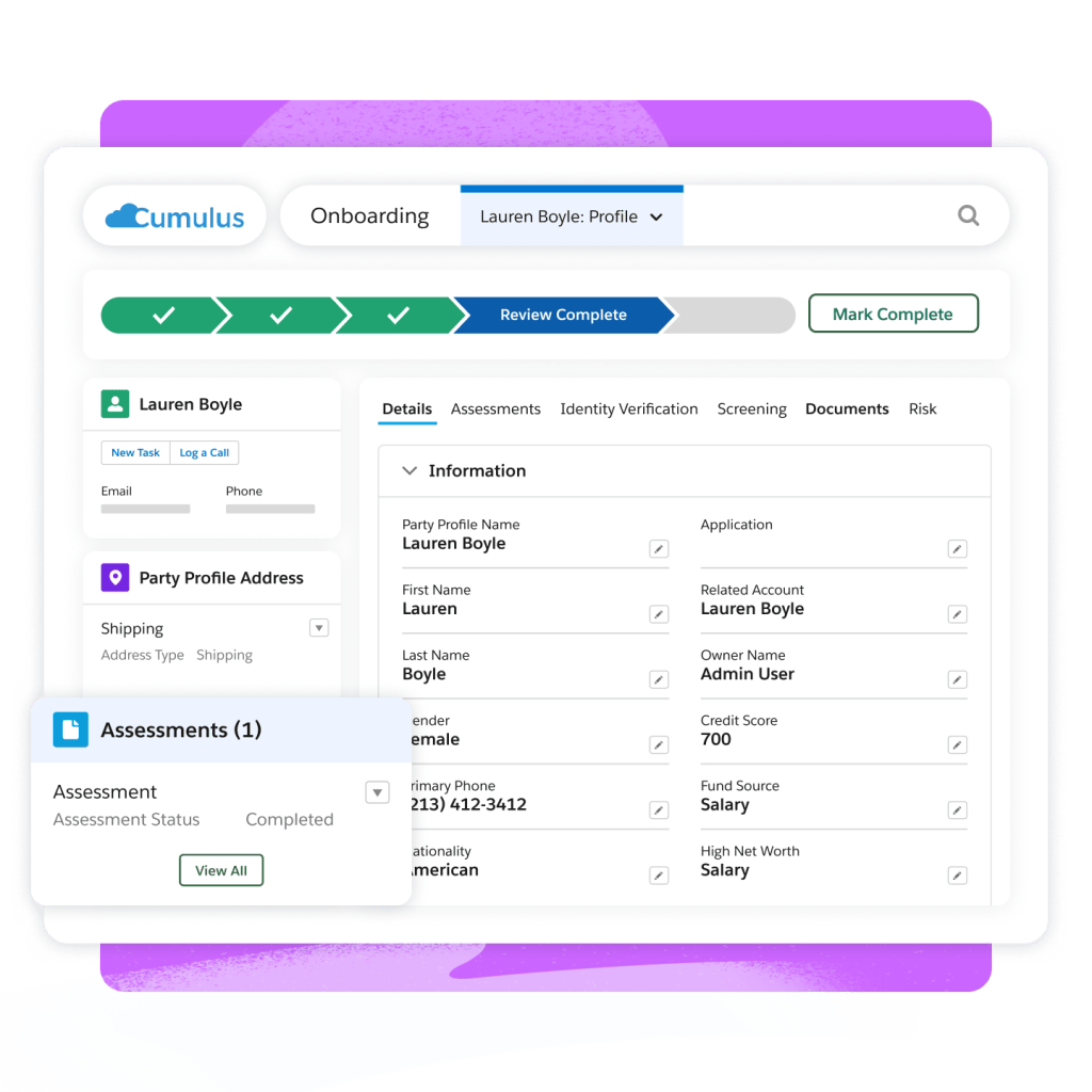 An onboarding console shows a timeline, assessments, and important member profile details.