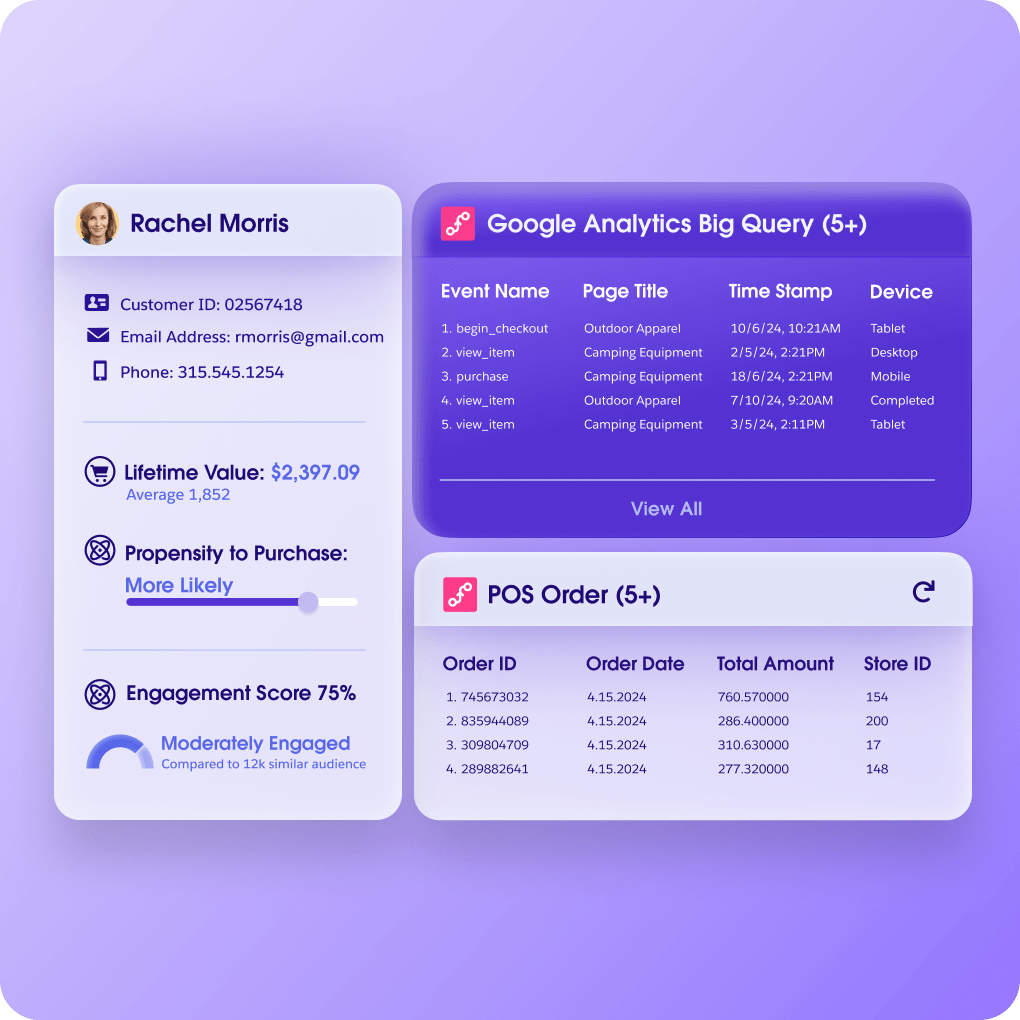 Light purple background showing a customer profile with analysis and recent orders.