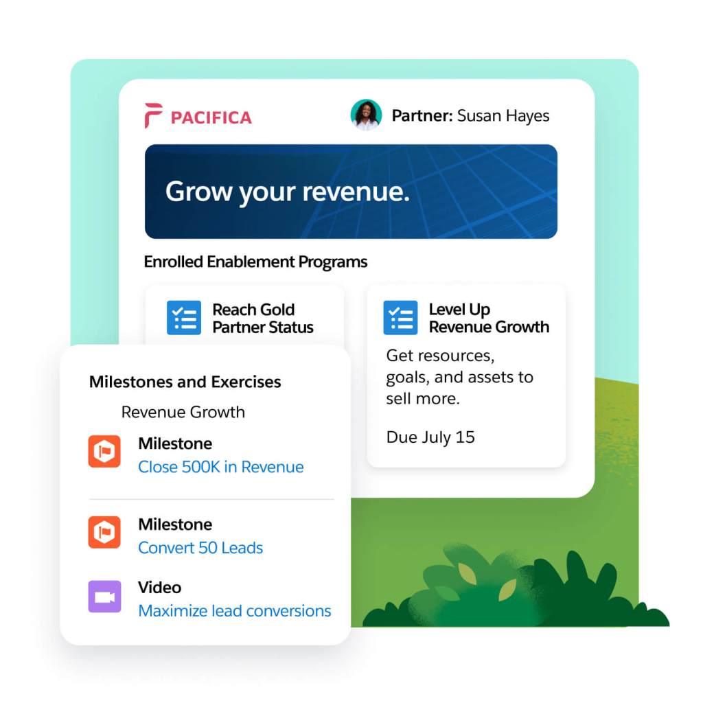 A partner's dashboard shows different enablement programs they are in as well as milestones and exercises. 