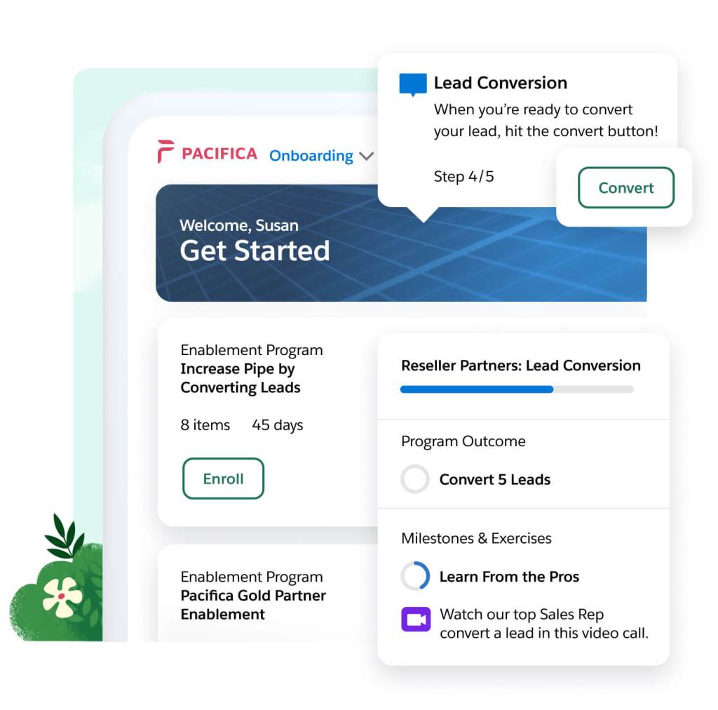 A business' onboarding dashboard has various onboarding programs for partners to enroll in and progress metrics. 