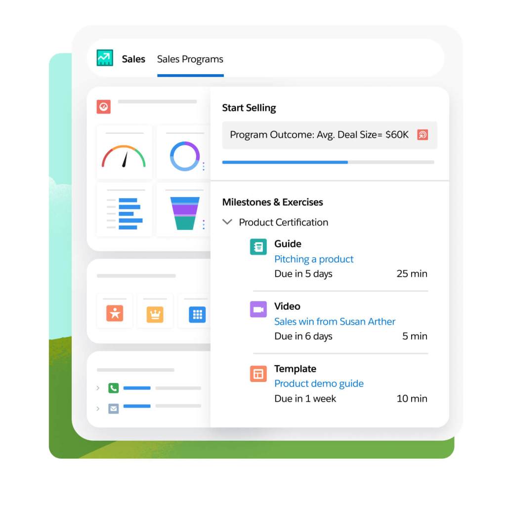 A Sales Programs dashboard shows milestones and exercises for product certification. 