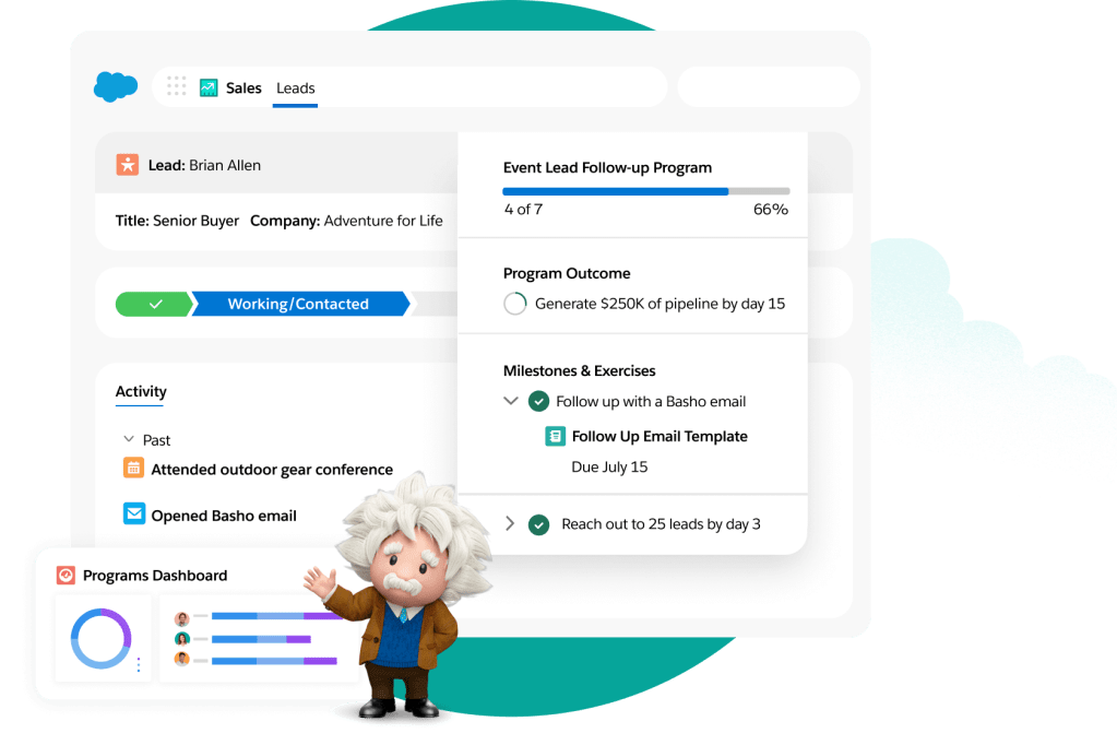 A sales lead dashboard shows the activity and progress of a lead with pop-outs for follow-ups and a programs dashboard. 