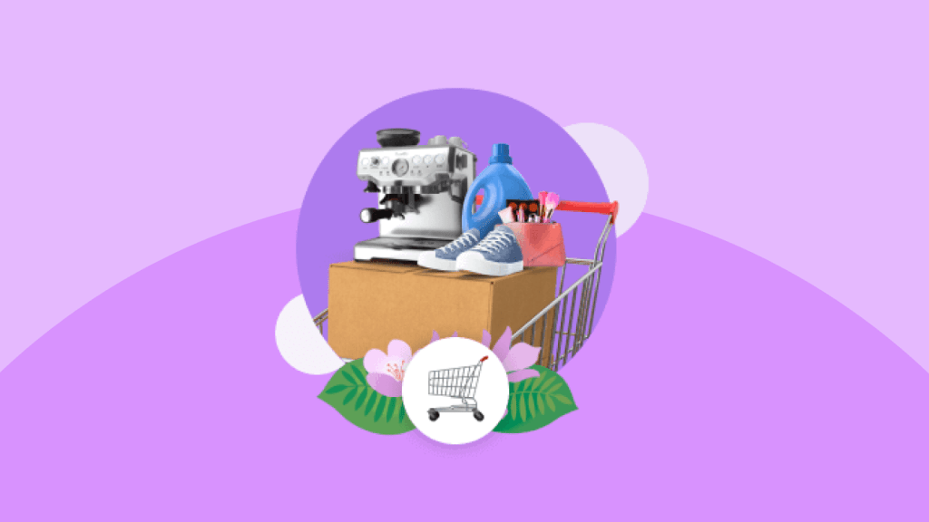 A shopping cart with an espresso machine, sneakers, laundry detergent, and cosmetics.