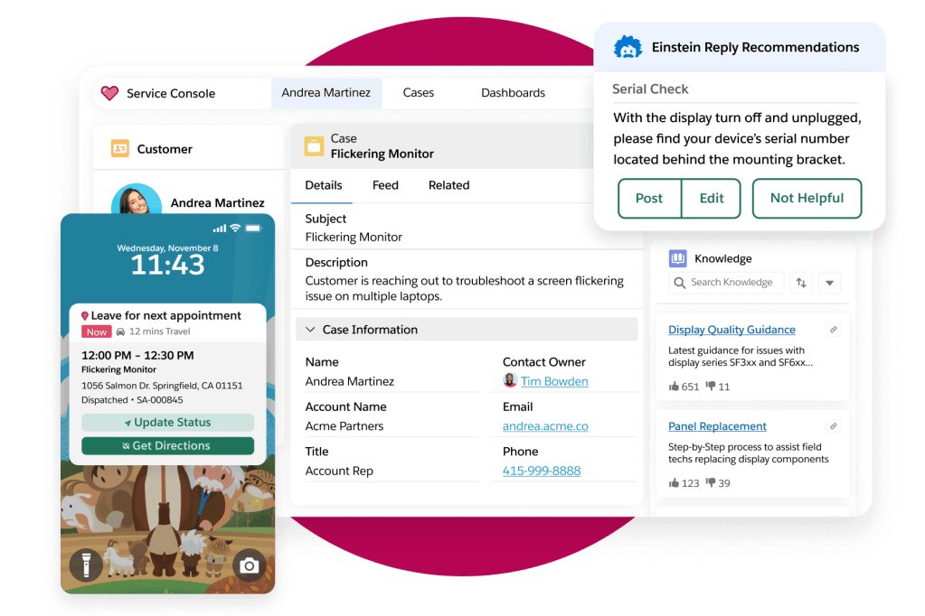 Service Cloud console showing knowledge management features powered by Einstein AI.