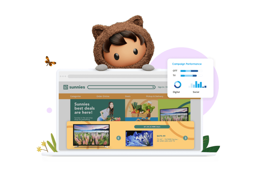 O mascote da Salesforce, Astro, observando uma página de vendas de um produto com métricas relevantes em destaque.