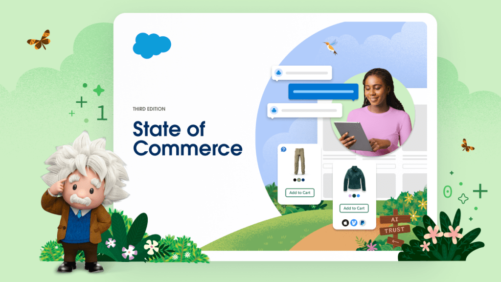 Illustrated cover of the Salesforce State of Commerce report, contains a person with brown hair holding a tablet device.