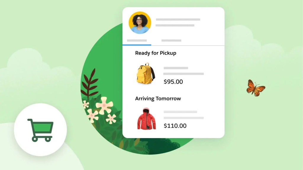 A mockup of a customer’s orders list with a backpack that is listed as “Ready for Pickup” and a jacket “Arriving Tomorrow.” There is an illustrated icon of a shopping cart.