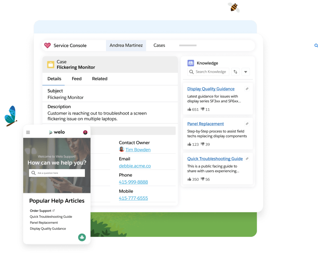 A Salesforce Knowledge Managementdashboard depicting answers for multiple topics such as for how one can return bulky items.