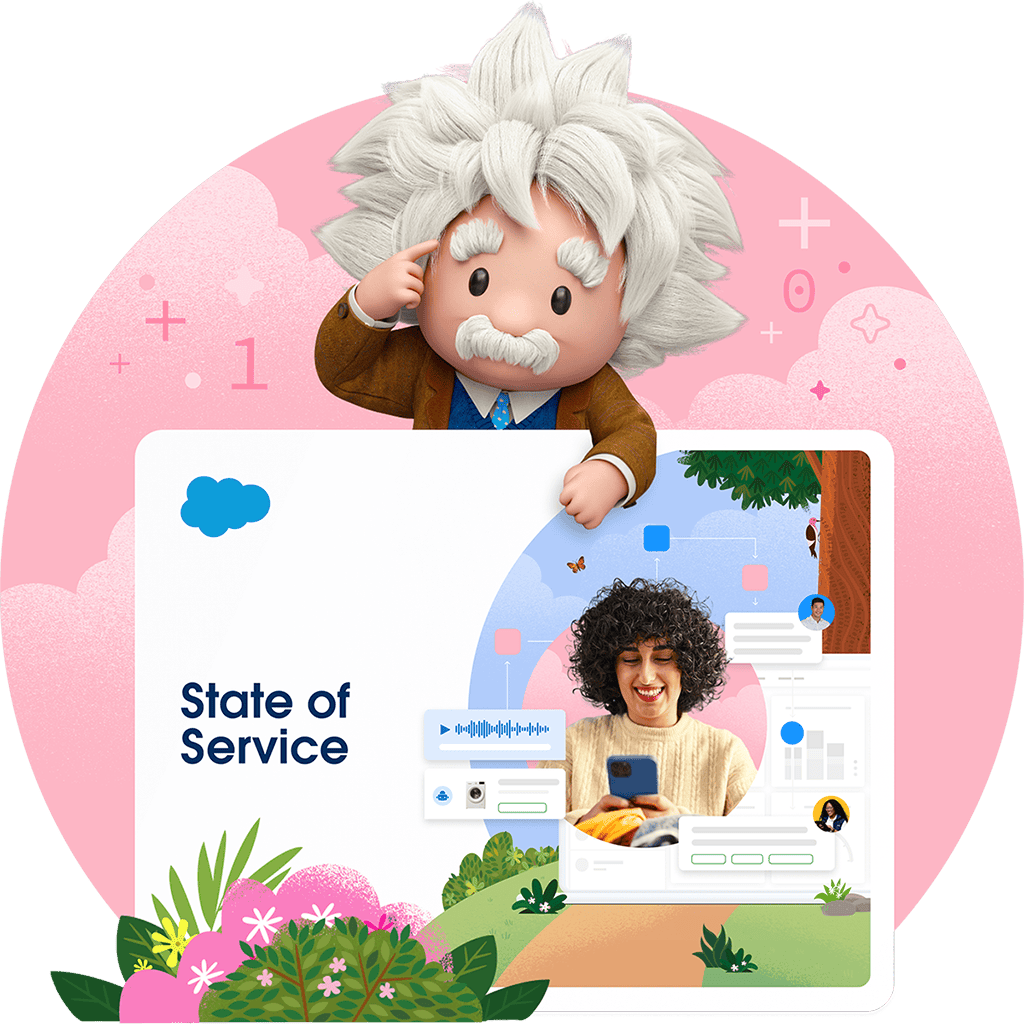 Salesforce Einstein mascot standing in front of the State of Service report which contains knowledge management insights. 