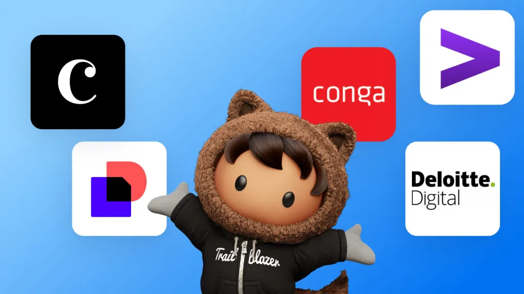 Salesforce mascot Astro surrounded by partner logos for Certinia, Conga, DocuSign, Accenture, and Deloitte Digital.