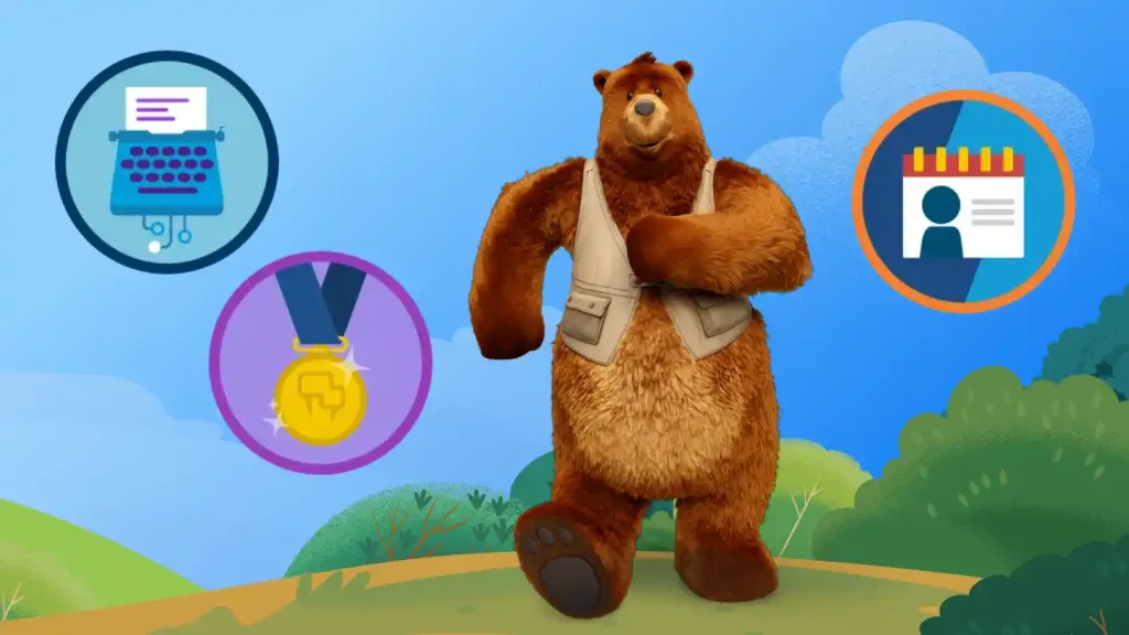 Salesforce character Codey the Bear uses a map to navigate his way through the wilderness.