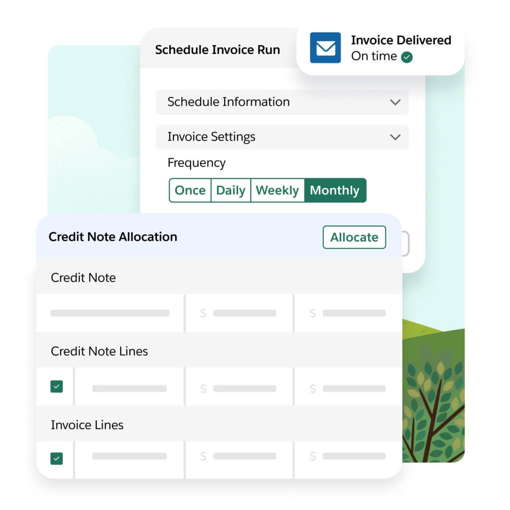 Windows show an invoice schedule showing on-time delivery and options for credit note allocation.