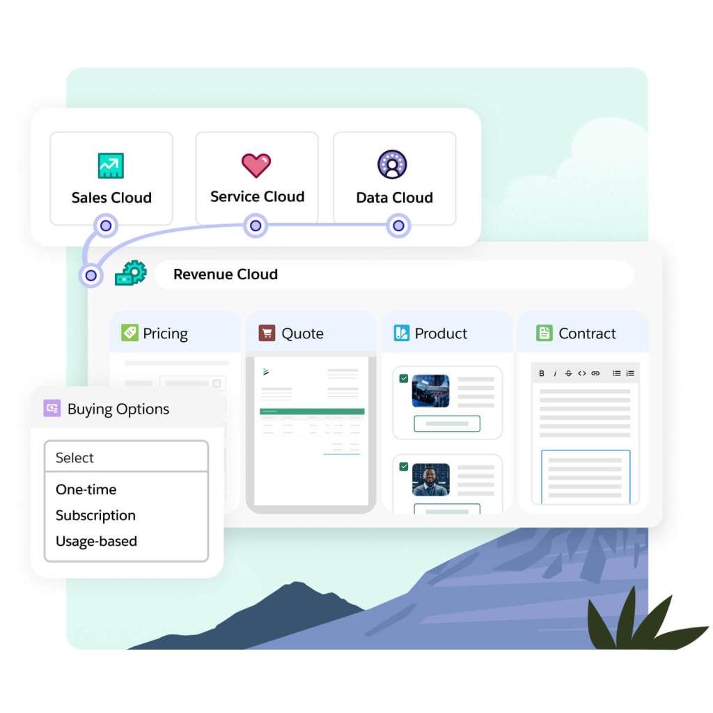 A Revenue Clouds window has a popout displaying options to select one-time, subscription, or usage-based buying options. 