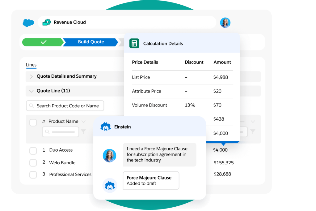 Windows show quote builder template and popouts for calculation breakdowns and Einstein AI to add sections to the quote.