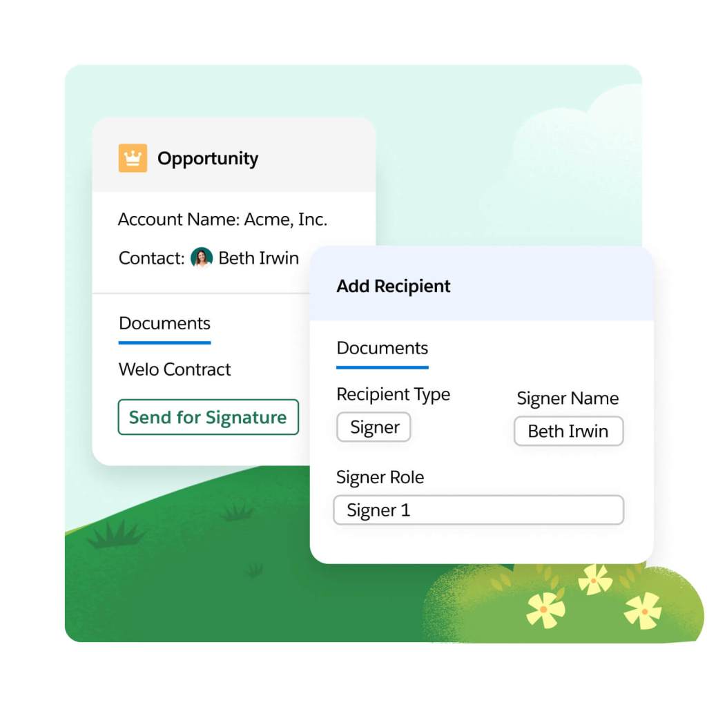 An opportunity window shows account information with a contract with options to send for signature and add a recipient.