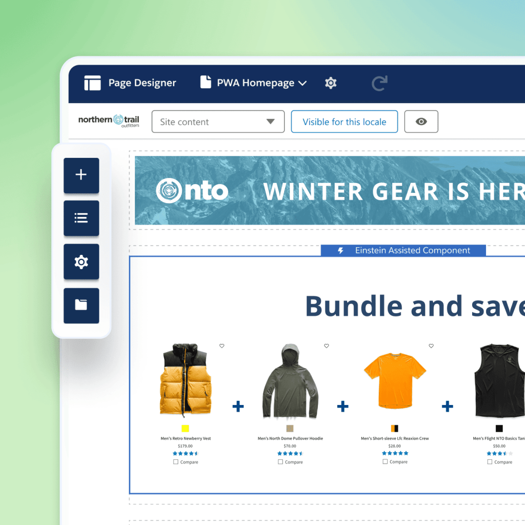 Image of a storefront being built in Page Builder including a promo banner and a bundle of outdoor shirts and jackets.	