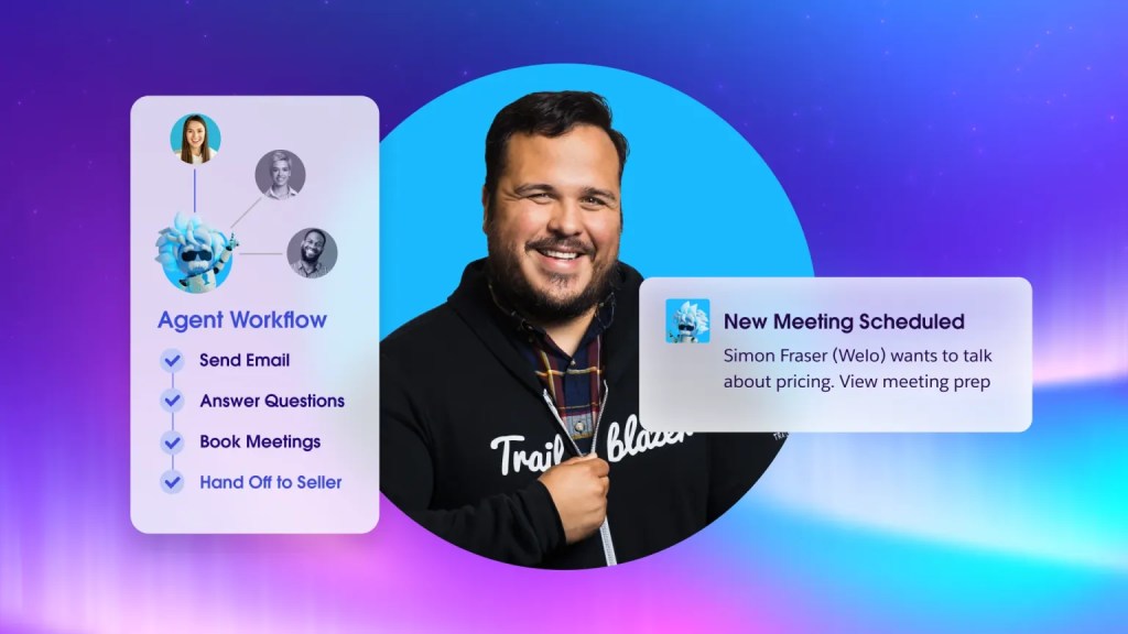 Um Trailblazer vestindo um agasalho com capuz e trechos de tela mostrando o fluxo de trabalho de um agente e uma reunião agendada pela IA.