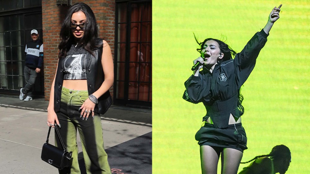 Charlie xcx wearing green jeans and a black top in NYC; Charli xcx performing on stage in front of a green backdrop