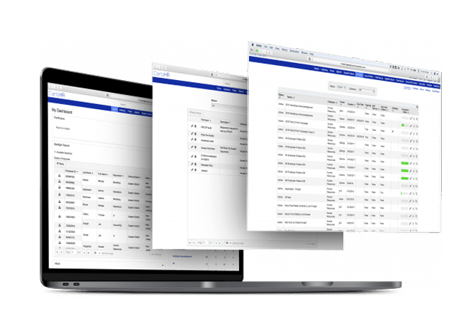 Laptop with two additional layers of screen views demonstrating document management software integration