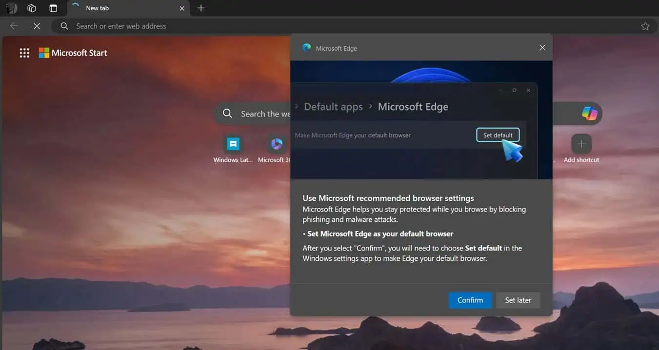 Microsoft Windows Edge browser 3D pop up
