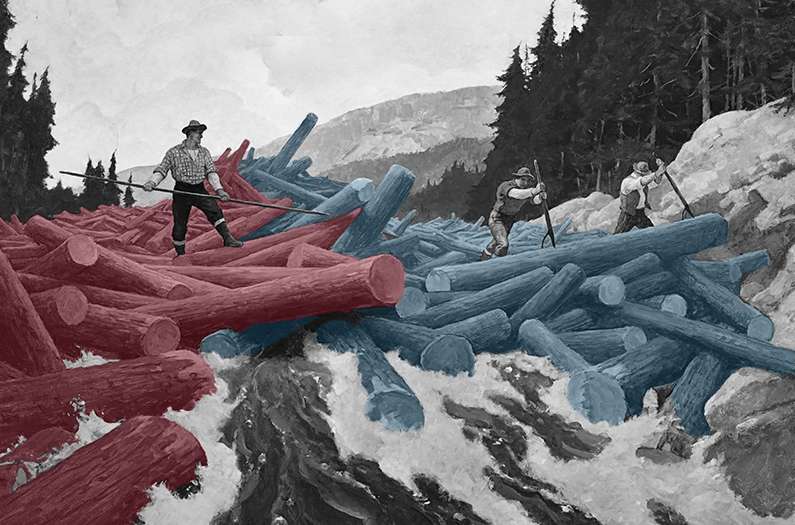 A vintage illustration of early logging, showing a logjam in a mountain river. Half the logs are blue, half red.