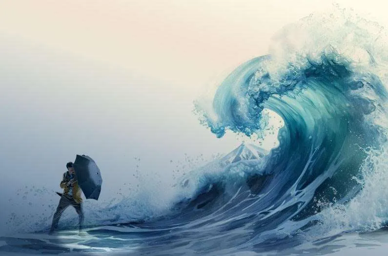 A man in a suit threatened by a giant wave