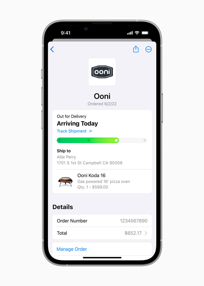 An iPhone screen shows the new Apple Pay Order Tracking function.