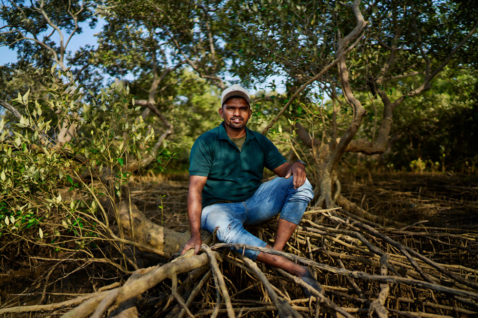El pescador Bhavik Patil sentado en las raíces de un mangle.