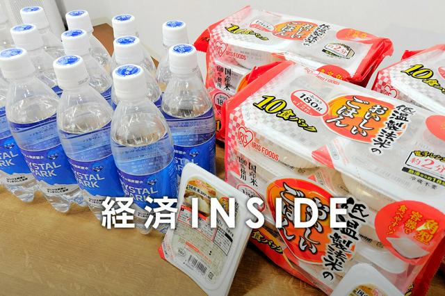 アイリスオーヤマのパックご飯や炭酸水=2024年7月9日、仙台市青葉区、中島嘉克撮影