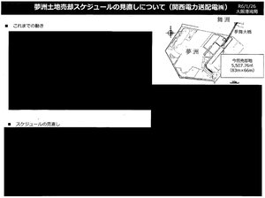 大阪市への情報公開請求で開示された文書の一例。今年1月、変電所用地の売却方針に関して大阪港湾局が市幹部に説明した際の資料だが、「これまでの動き」「スケジュールの見直し」の箇所は全て「黒塗り」に。港湾局は理由について「契約に至っていない案件のため」と説明している。