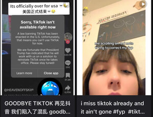 中国発の動画投稿アプリ「ティックトック」の米国でのサービス停止後、同アプリから多くの利用者が流入した中国発のアプリ「小紅書」に投稿されたコメント。中国語や英語で「さよならティックトック」などと書かれている
