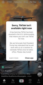 利用が停止された動画投稿アプリ「TikTok（ティックトック）」の画面=2025年1月18日午後11時41分、米ニューヨーク